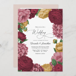 Dusty Rose, Merlot & Antique Gold Floral Wedding 招待状