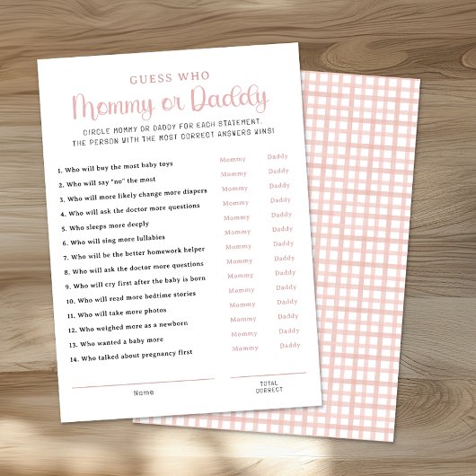 Dusty Rose Mommy or Daddy Baby Shower Game Card アドバイスカード