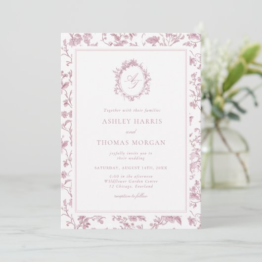 Dusty Rose Monogram Chinoiserie Wedding 招待状 (スタンド正面)