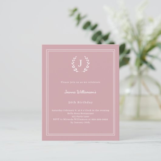Dusty rose monogrammed wreath birthday invitation (スタンド正面)