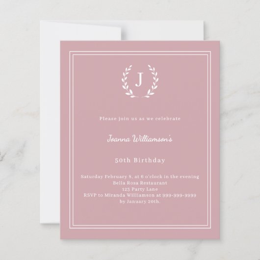 Dusty rose monogrammed wreath birthday invitation (正面)