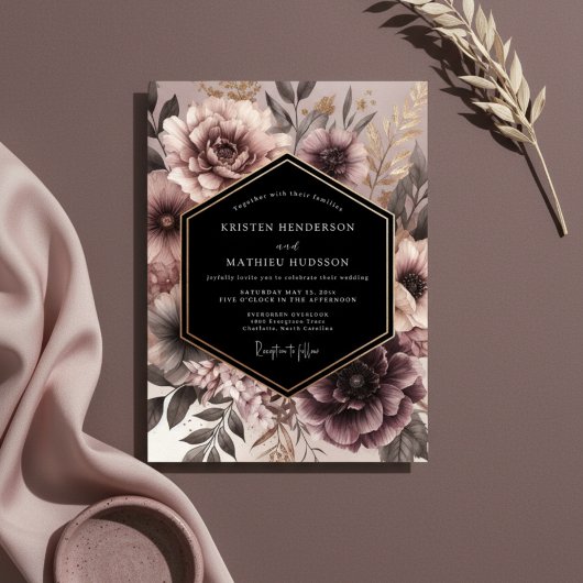 Dusty Rose Moody Floral Opulent Wedding 招待状