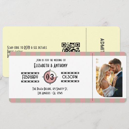 Dusty Rose, Muted Sage & Cream Cinema Wedding 招待状 (正面/裏面)