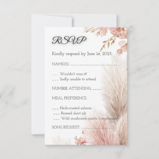 Dusty rose pampas grass RSVP card invitation 招待状 (正面)
