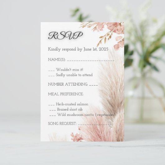 Dusty rose pampas grass RSVP card invitation 招待状 (スタンド正面)