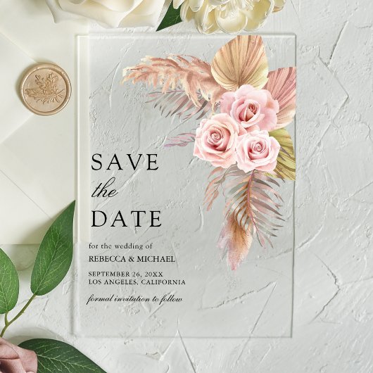 Dusty Rose Pampas Grass Wedding Save the Date アクリル招待状