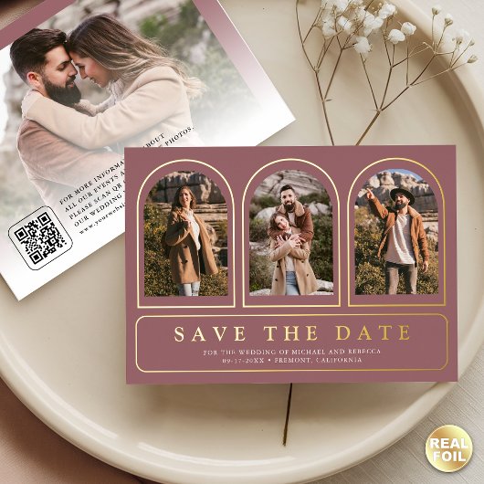 Dusty Rose Photo QR Code Wedding Save the Date 箔招待状
