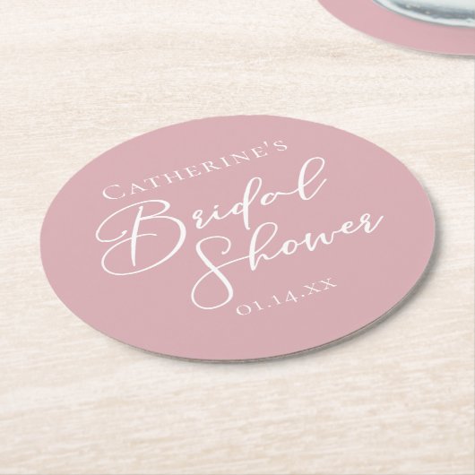 Dusty Rose Pink Bridal Shower Personalized ラウンドペーパーコースター (アングル)