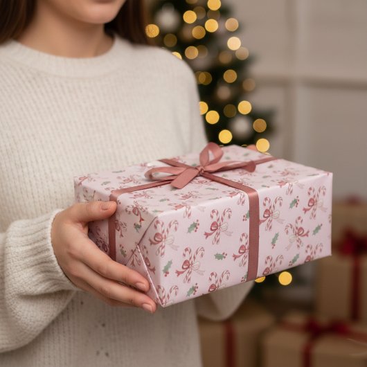 Dusty Rose Pink Candy Cane Coquette Bows Christmas ラッピングペーパー