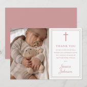 Dusty Rose Pink Modern Photo Baptism Christening サンキューカード (正面/裏面)
