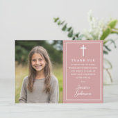 Dusty Rose Pink Modern Photo First Holy Communion サンキューカード (スタンド正面)