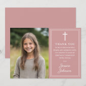 Dusty Rose Pink Modern Photo First Holy Communion サンキューカード (正面/裏面)