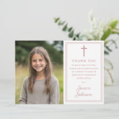 Dusty Rose Pink Modern Photo First Holy Communion サンキューカード (スタンド正面)