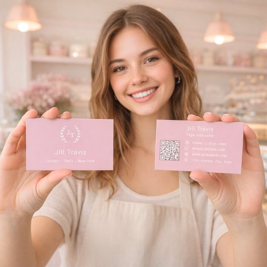 Dusty rose pink monogrammed wreath modern QR code 名刺