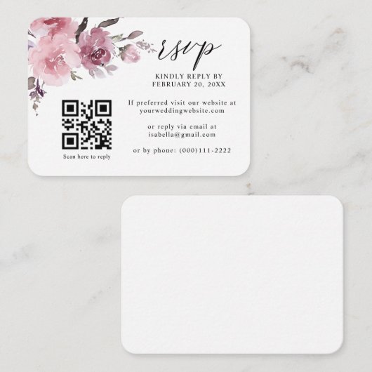 Dusty Rose Pink Pastel Floral QR Code Wedding RSVP エンクロージャーカード (正面/裏面)
