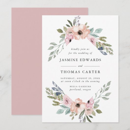 Dusty Rose Pink Watercolor Floral Frame | ウェディング 招待状 (正面/裏面)