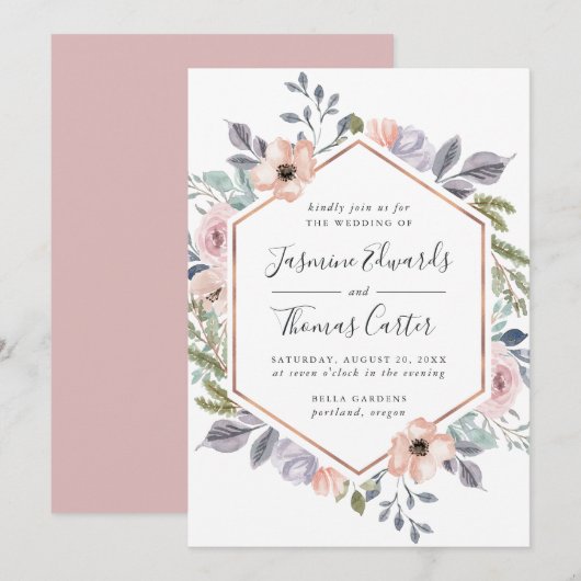 Dusty Rose Pink Watercolor Floral Frame | ウェディング 招待状 (正面/裏面)