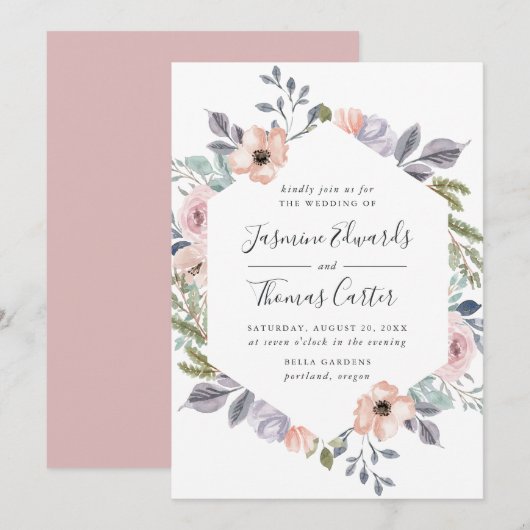 Dusty Rose Pink Watercolor Floral Frame | ウェディング 招待状 (正面/裏面)
