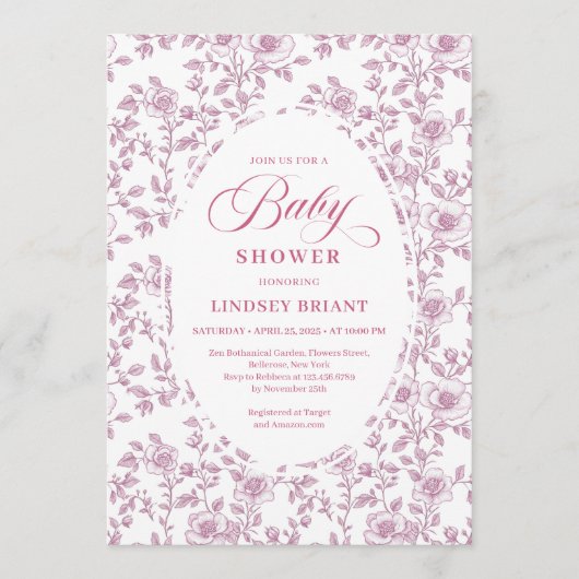 Dusty Rose Rose Pattern Pink Baby Shower Invitatio 招待状 (正面)