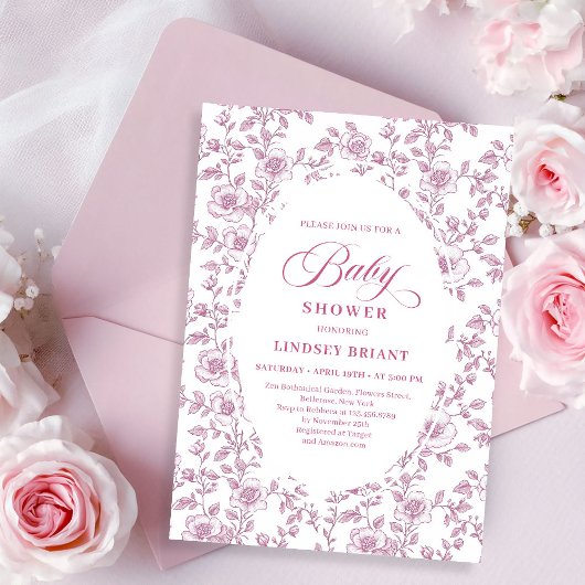 Dusty Rose Rose Pattern Pink Baby Shower Invitatio 招待状