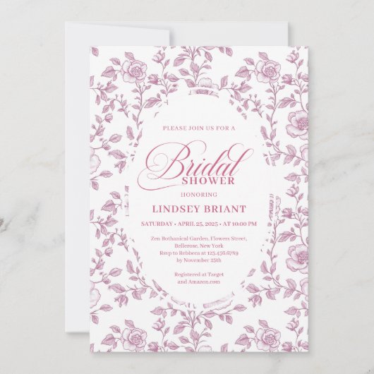 Dusty Rose Rose Pattern Pink Bridal Shower InvitE 招待状 (正面)
