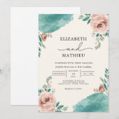 Dusty Rose Teal Floral Flourish Wedding 招待状 (正面/裏面)