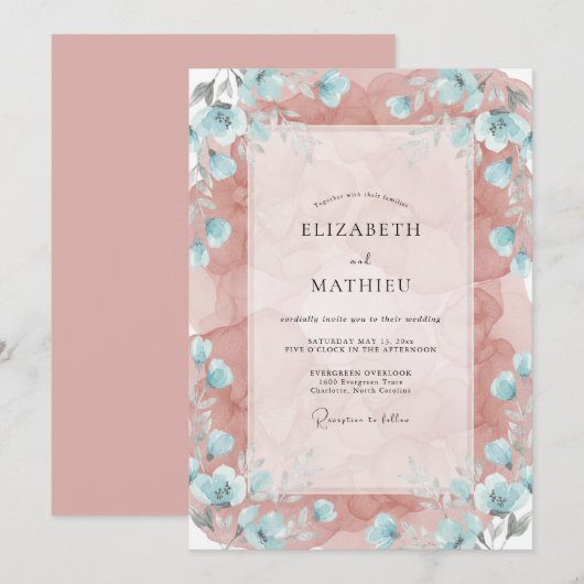 Dusty Rose Teal Whimsical Spring Wedding 招待状 (正面/裏面)