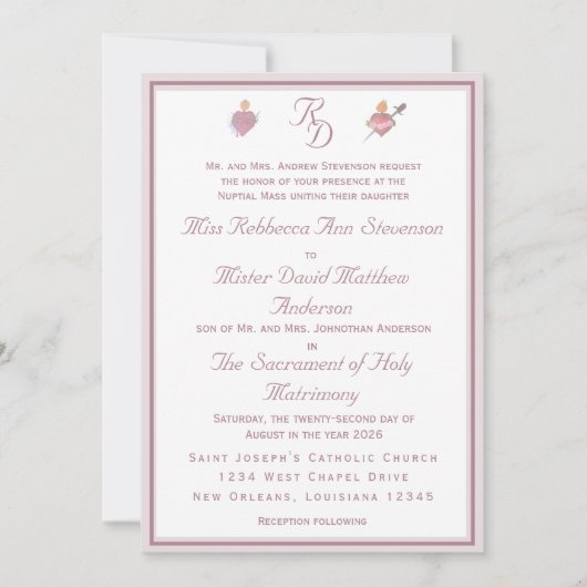 Dusty Rose Two Hearts Catholic Wedding Invitation 招待状 (正面)