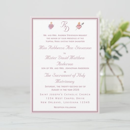 Dusty Rose Two Hearts Catholic Wedding Invitation 招待状 (スタンド正面)