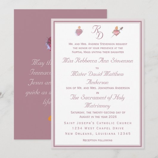Dusty Rose Two Hearts Catholic Wedding Invitation 招待状 (正面/裏面)