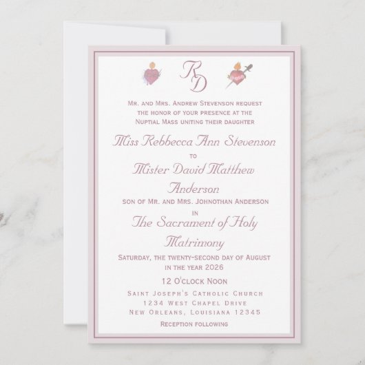 Dusty-Rose Two Hearts Catholic Wedding Invitation 招待状 (正面)