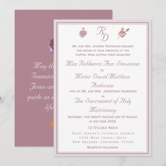 Dusty-Rose Two Hearts Catholic Wedding  Invitation 招待状 (正面/裏面)