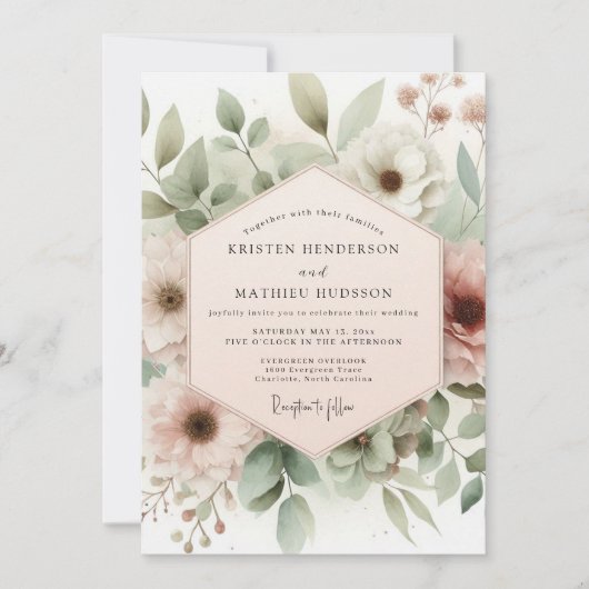 Dusty Rose Watercolor Bloom Wedding 招待状 (正面)