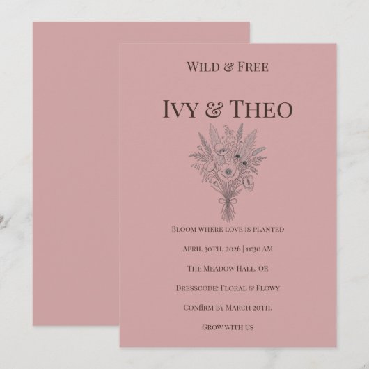 Dusty Rose Wedding Invitation Wildflower Boho 招待状 (正面/裏面)