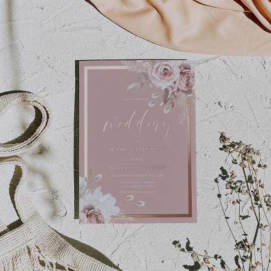 Dusty Rose Wedding Rose Gold Border 箔招待状