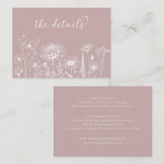 Dusty Rose Wildflower Details Card Wedding Insert エンクロージャーカード (正面/裏面)