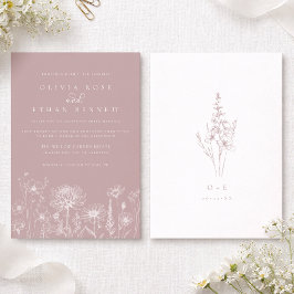 Dusty Rose Wildflower Line Art Wedding Invite 招待状