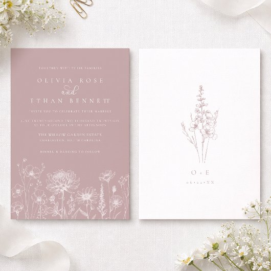 Dusty Rose Wildflower Line Art Wedding Invite 招待状