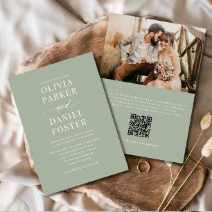 Dusty Sage Green QRコードフォト結婚ズ 招待状