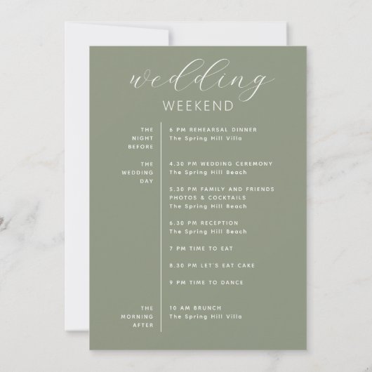 Dusty Sage Green Woodland Wedding Weekend Timeline 招待状 (裏面)