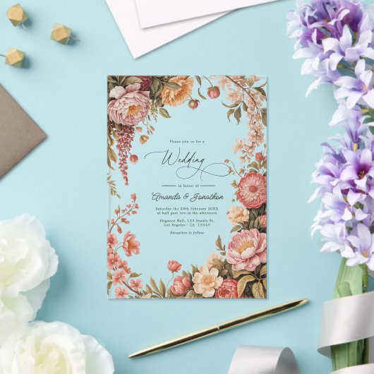 Dusty Sage, Soft Peach & Warm Sand Floral Wedding アクリル招待状 (インサイチュ (ウェディング))