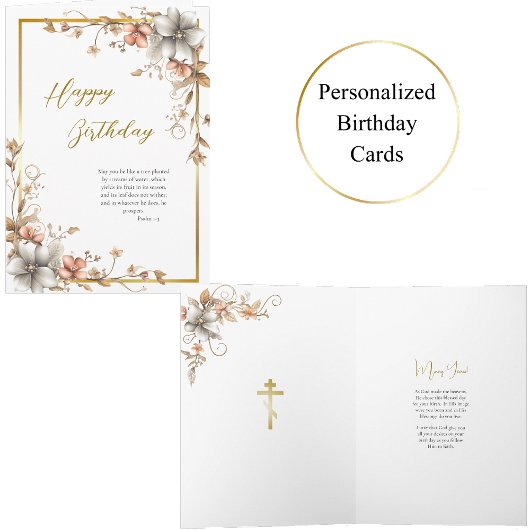 Dusty Salmon Silver Gray Flowers Birthday カード