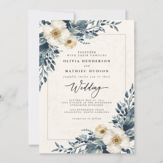 Dusty Teal Botanical Whimsy Wedding 招待状 (正面)