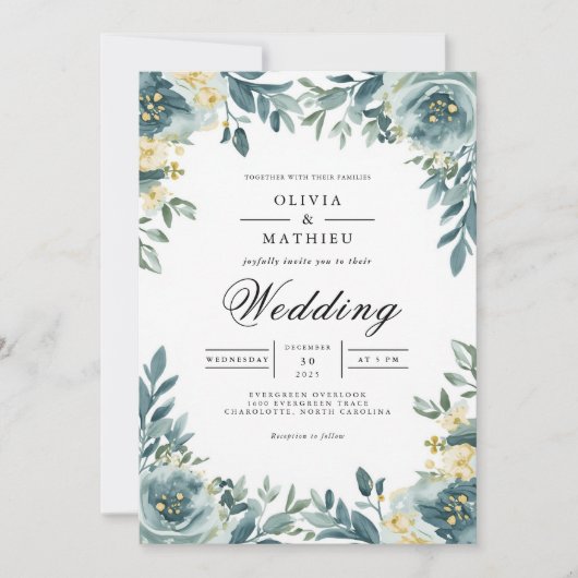 Dusty Teal Floral Arch Wedding 招待状 (正面)