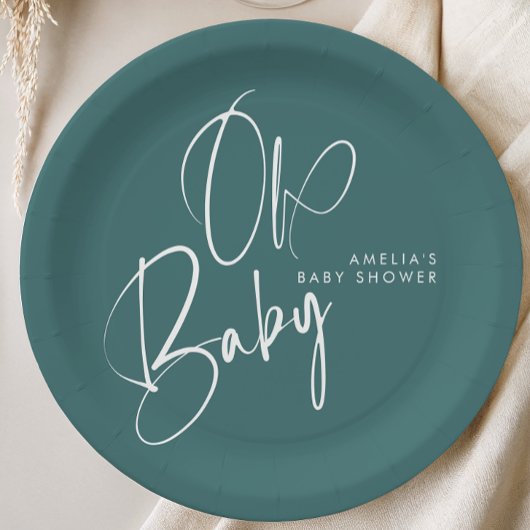 Dusty Teal Oh Baby Baby Shower Design ペーパープレート