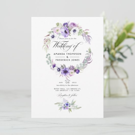 Dusty Violetの結婚水彩画フローラ写真のInvite 招待状 (スタンド正面)