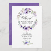 Dusty Violetの結婚水彩画フローラ写真のInvite 招待状 (正面/裏面)