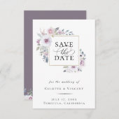 Dusty Violetフローラ金ゴールドフレーム日付の保存 案内状 (正面/裏面)