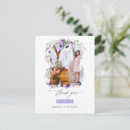 Dusty Violet Pastelフローラ結婚の写真ありがとう ポストカード (スタンド正面)