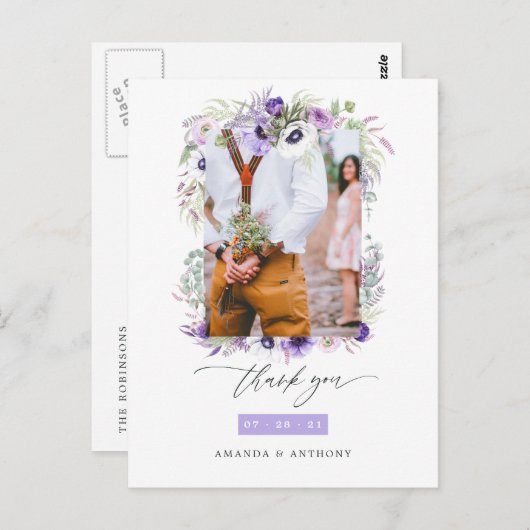 Dusty Violet Pastelフローラ結婚の写真ありがとう ポストカード (正面/裏面)